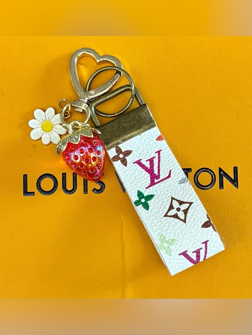Louis Vuitton Keychain, bag charm with strawberry and flower. Handmade 5 inches